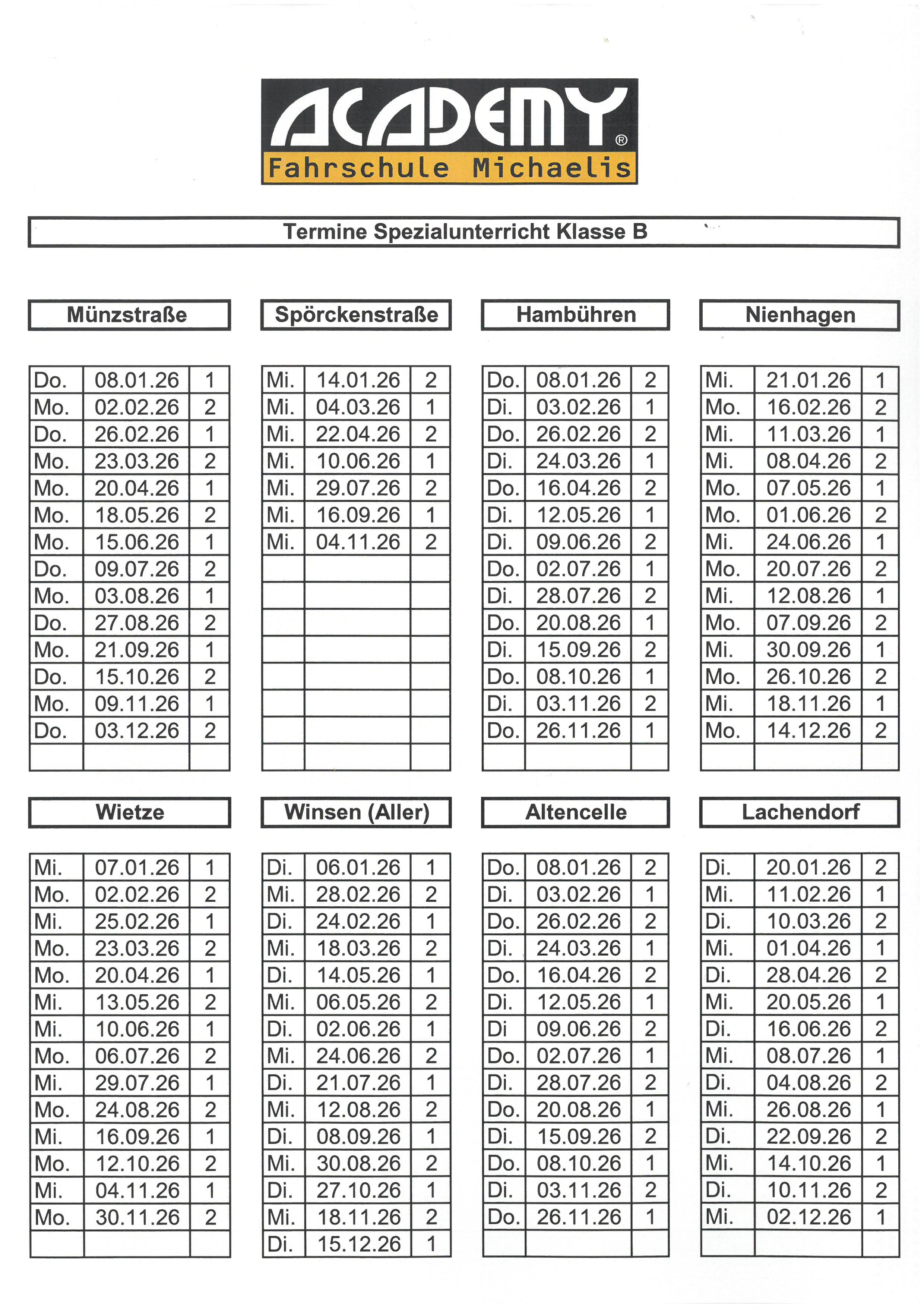 Spezial-Unterrichte 2026